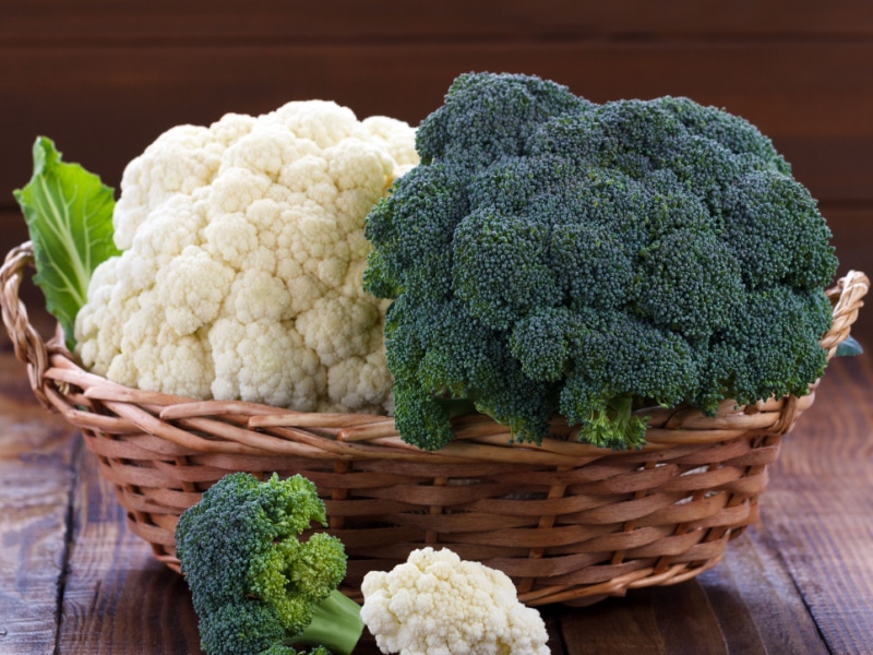 Raw Broccoli and Cauliflower in a Basket