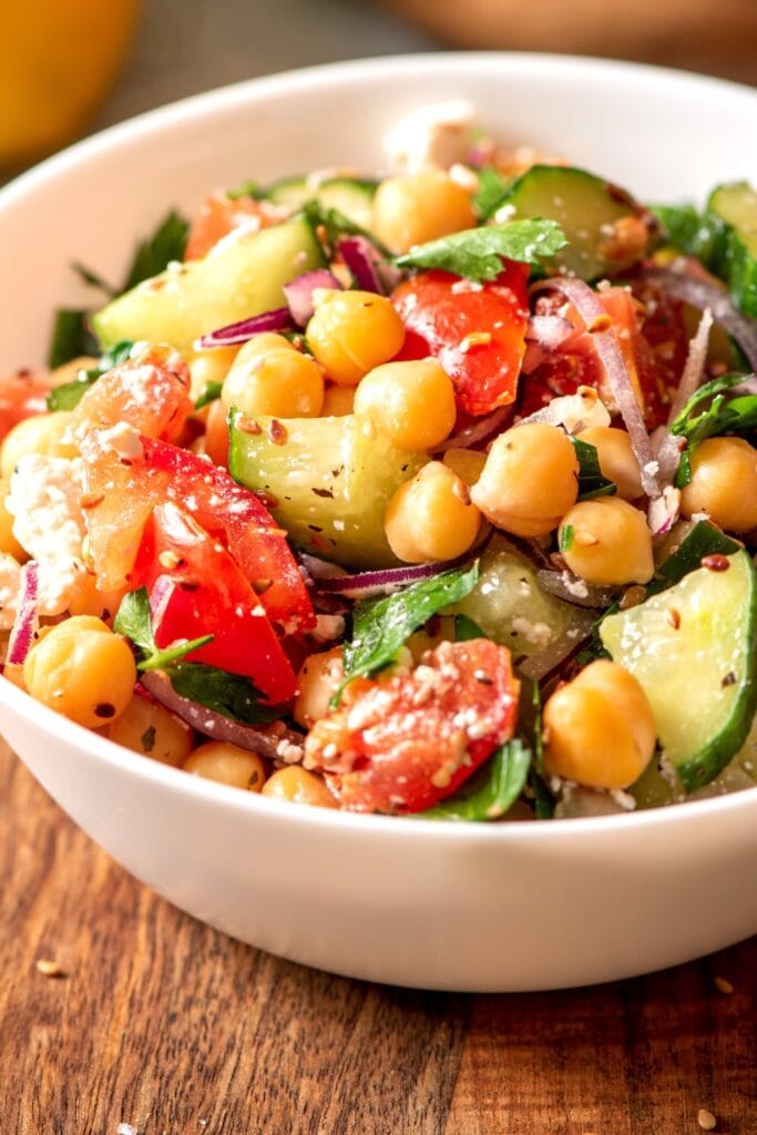 Chickpea Salad with Tomatoes Cucumber and Feta Cheese