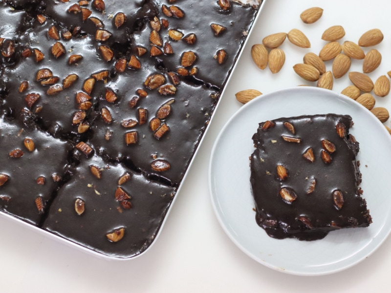 Chocolate Sheet Cake Topped with Almond Nuts