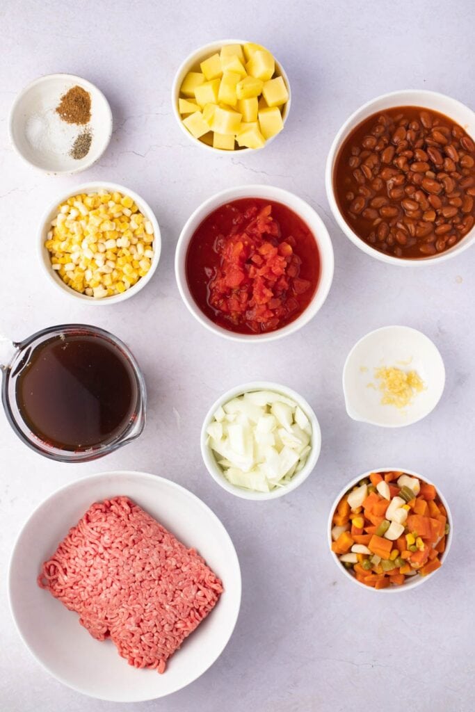 Cowboy Soup Ingredients - Ground Beef, Onions, Garlic, Beef Broth, Beans, Potatoes, Chiles, Corn and Vegetables