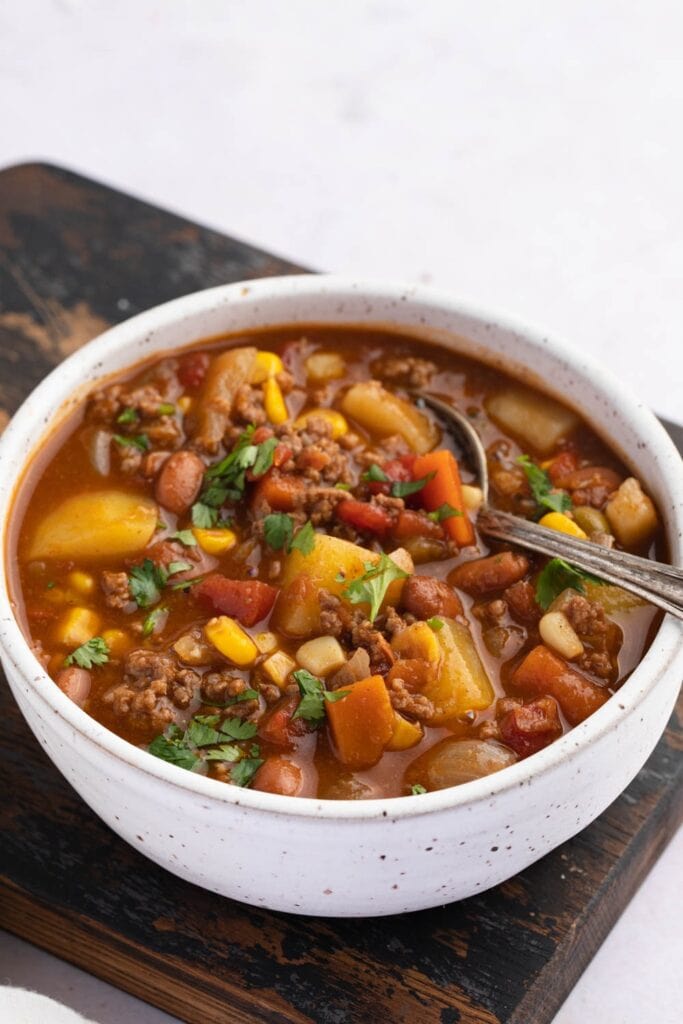 Delicious and Hearty Cowboy Soup with Ground Beef, Beans, Potatoes and Corn
