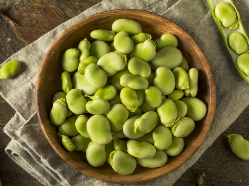 Fresh Fava Beans in a Wooden Bowl