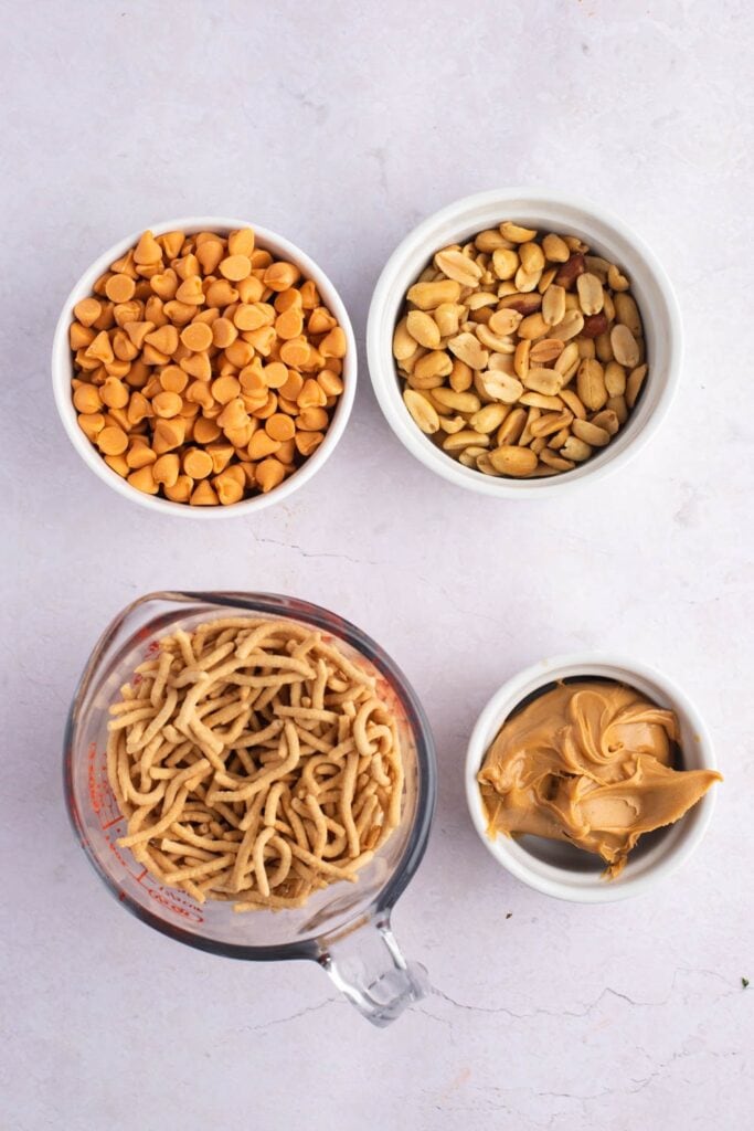 Haystack Cookies Ingredients - Butterscotch Chips, Peanut Butter, Chow Mein Noodles and Salted Peanuts