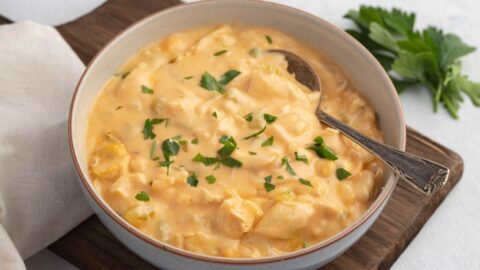 Homemade Buffalo Chicken Soup in a Bowl with Herbs