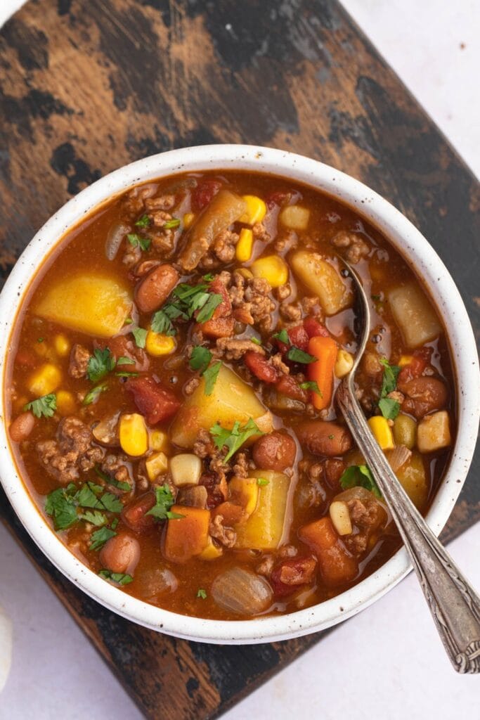 Homemade Cowboy Soup with Ground Beef, Corn, Beans, Potatoes and Carrots