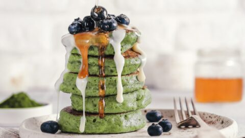 Homemade Green Pancake with Blueberries with Peanut Butter and Honey