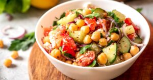 Homemade Healthy Chickpea Salad with Cucumber, Tomatoes and Onions