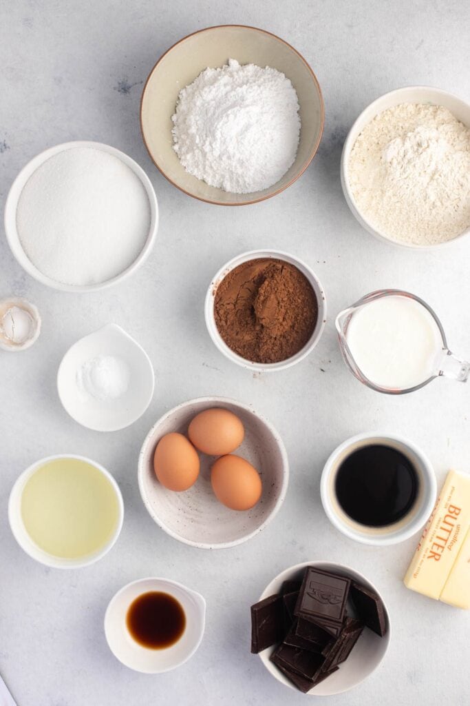 Ina Garten's Chocolate Cake Ingredients - Flour, Sugar, Cocoa Powder, Baking Soda, Salt, Buttermilk, Eggs, Vanilla Extract and Hot Coffee