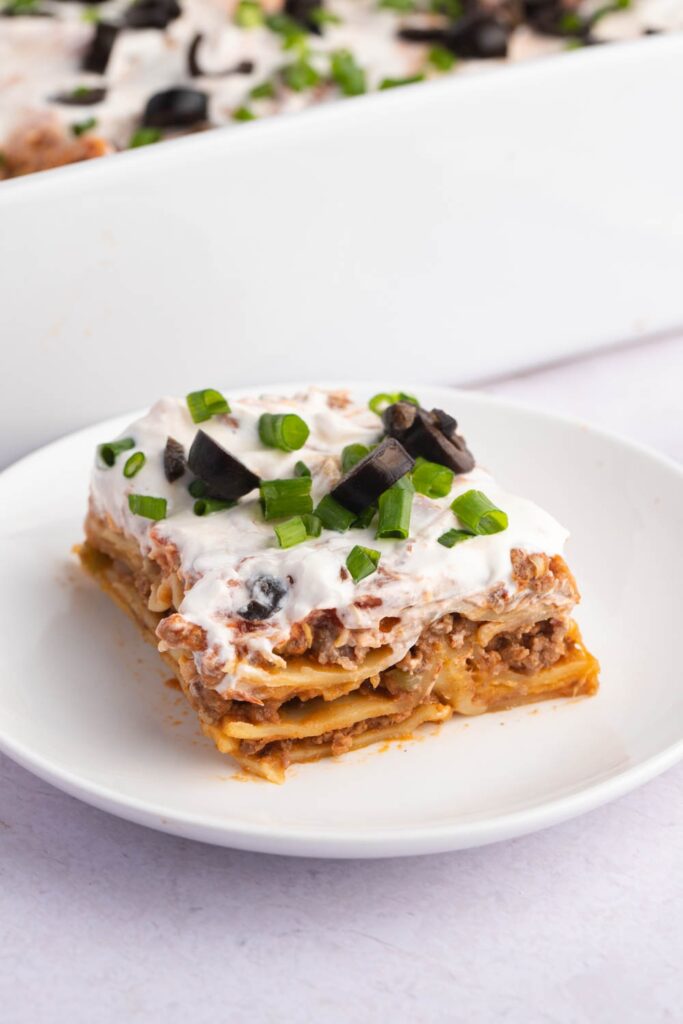Homemade Mexican Lasagna with Ground Beef, Black Olives and Green Onions