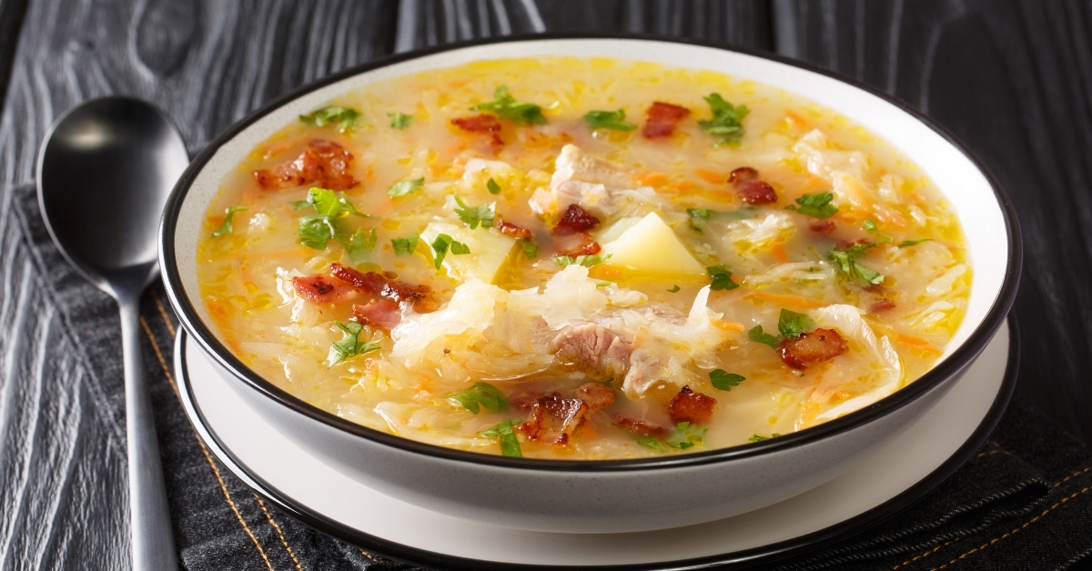 Homemade Polish Potato and Cabbage Soup with Meat