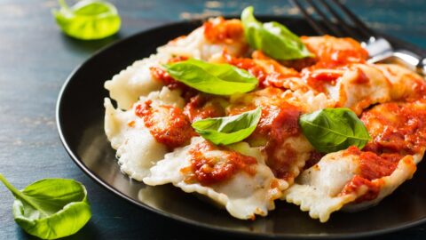 Homemade Ravioli with Tomato Sauce and Basil