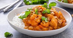 Homemade Vegan Cauliflower Curry with Chickpeas, Butternut Squash and Rice
