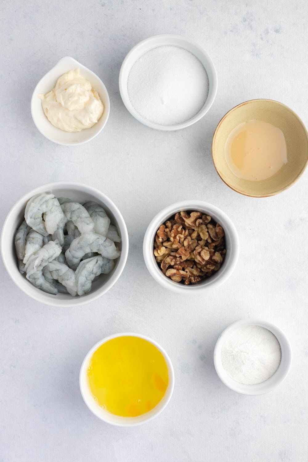Honey Walnut Shrimp Ingredients - Shrimp, Mochiko Flour, Egg Whites, Vegetable Oil, Mayonnaise, Honey, Walnuts and Sugar