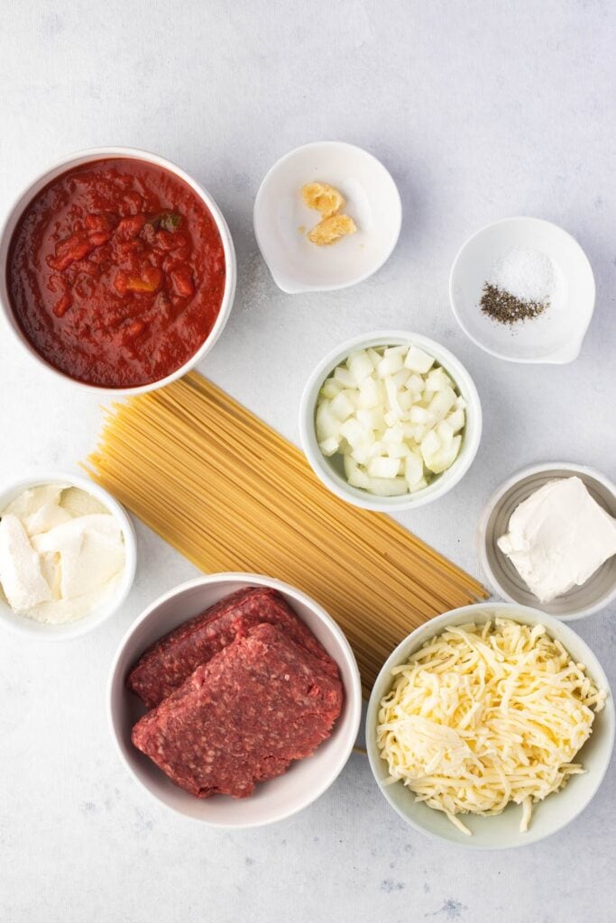 Million-Dollar Spaghetti Ingredients - Spaghetti, Ground Beef, Cream Cheese, Sour Cream, Ricotta and Shredded Cheese