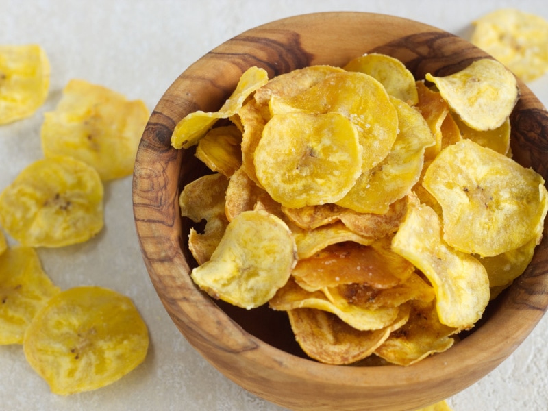 Plantain Chips on a Wooden Bowl