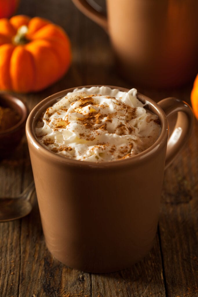Brown Mug of Pumpkin Latte Sprinkled with Allspice on Top
