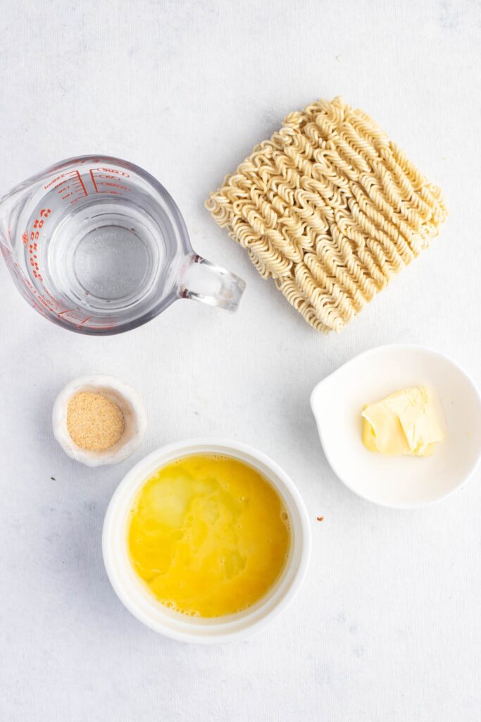 Ramen Noodle Ingredients - Ramen, Water, Butter, Garlic Powder, Egg and Bagel Seasoning