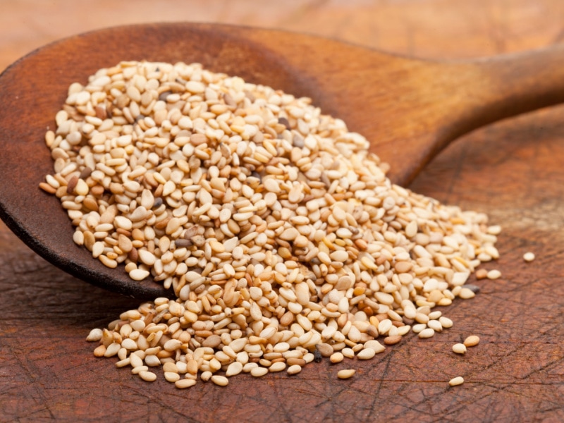 Sesame Seeds on a Wooden Spoon