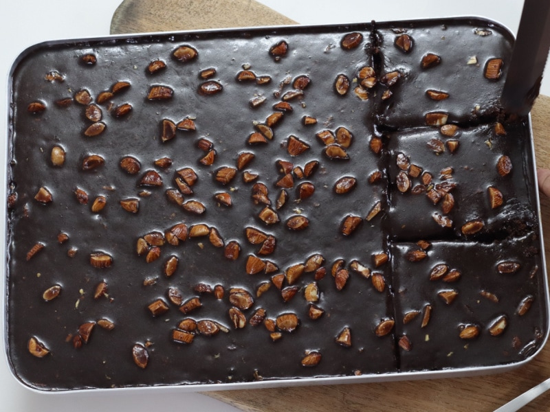 Chocolate Sheet Cake Topped with Almond Nuts