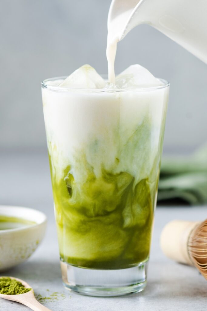 Soy Milk Pouring in Matcha Iced Tea