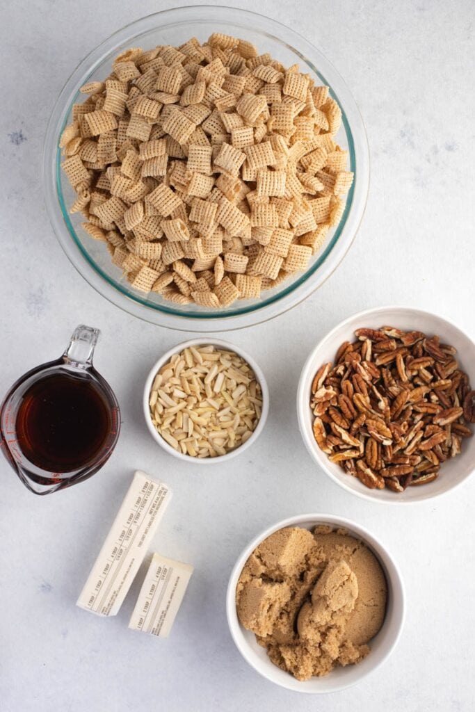 Sweet Chex Mix Ingredients - Chex Mix, Nuts, Salted Butter, Brown Sugar and Dark Corn Syrup