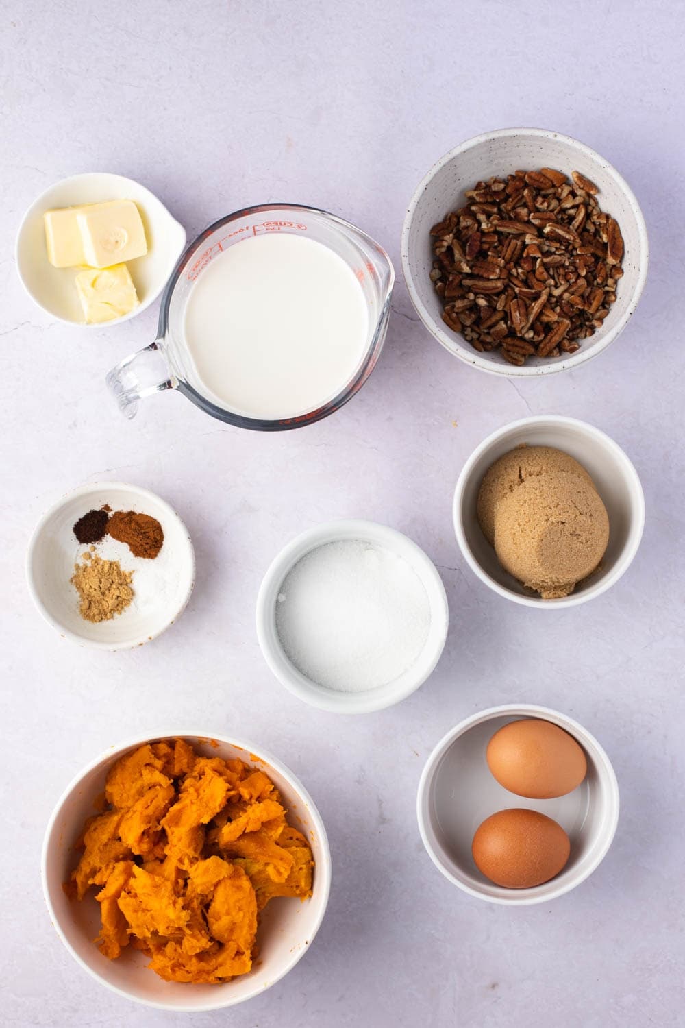 Sweet Potato Pecan Pie Ingredients - Pie Crust, Sweet Potatoes, Eggs, Salt, Light Cream, Pecan and Sugar