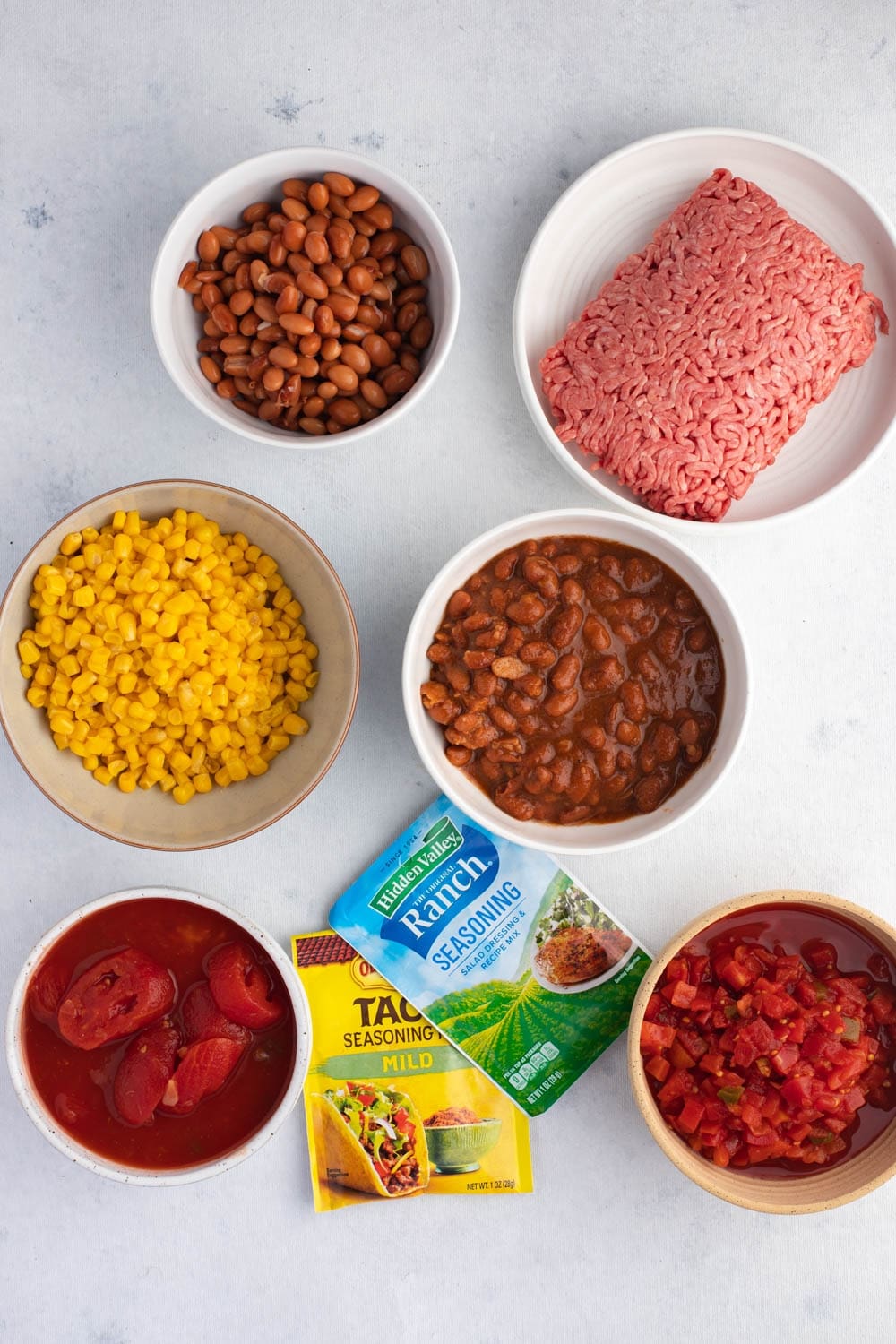 Taco Soup Ingredients - Ground Beef, Beans, Corn, Tomatoes, Chiles and Taco Seasoning