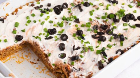 Tasty Homemade Mexican Lasagna with Ground Beef, Green Chiles and Refried Beans