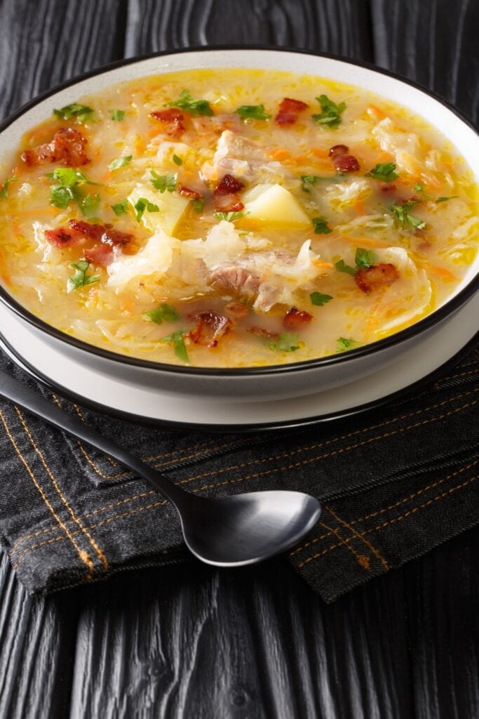 Tasty Polish Potato and Cabbage Soup with Meat
