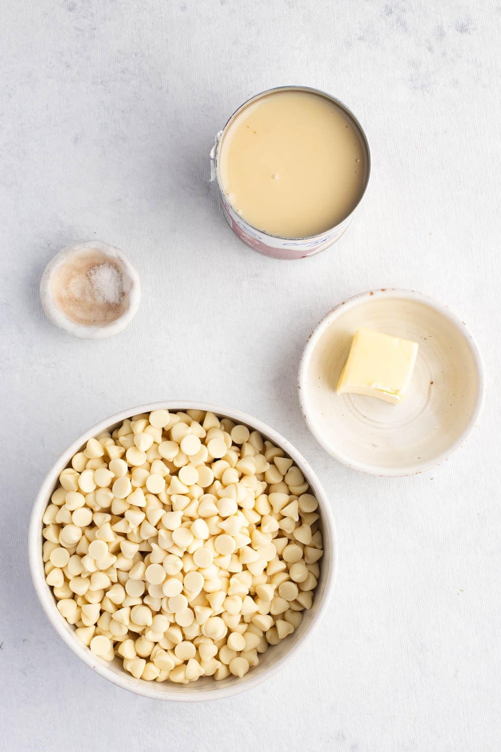 White Chocolate Fudge Ingredients - White Chocolate Chips, Sweetened Condensed Milk, Butter and Salt
