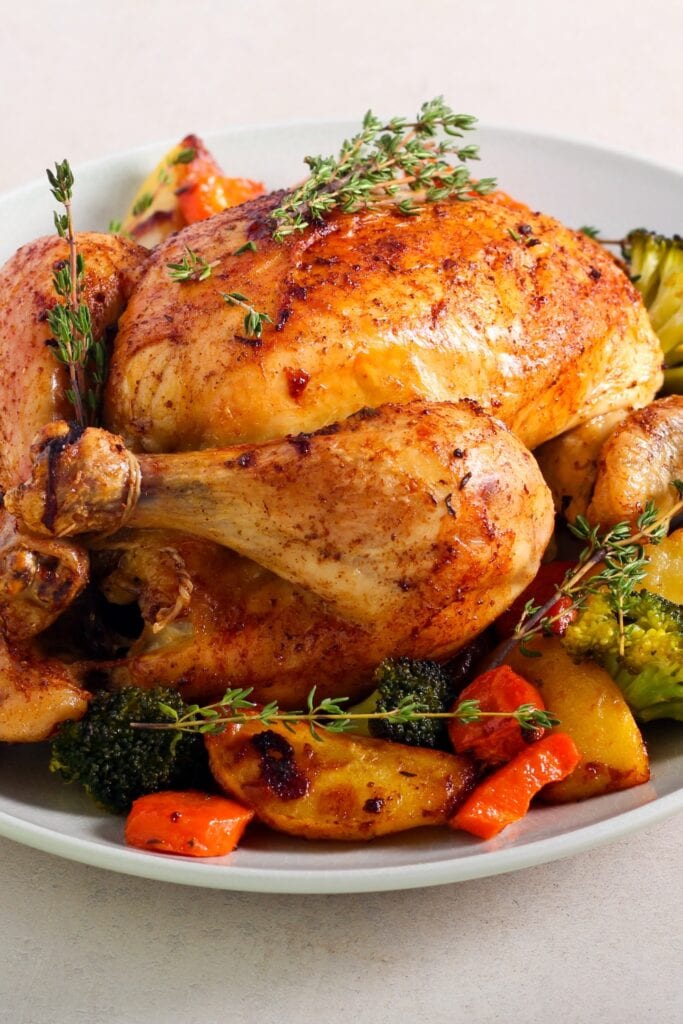 Whole Roasted Chicken with Broccoli, Potatoes and Carrots