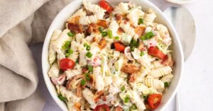 Bowl of Creamy Homemade BLT Pasta Salad with Bacon, Lettuce and Tomatoes