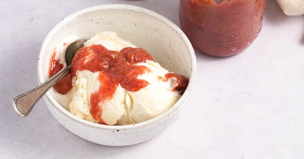 Bowl of Ice Cream with Rhubarb Sauce
