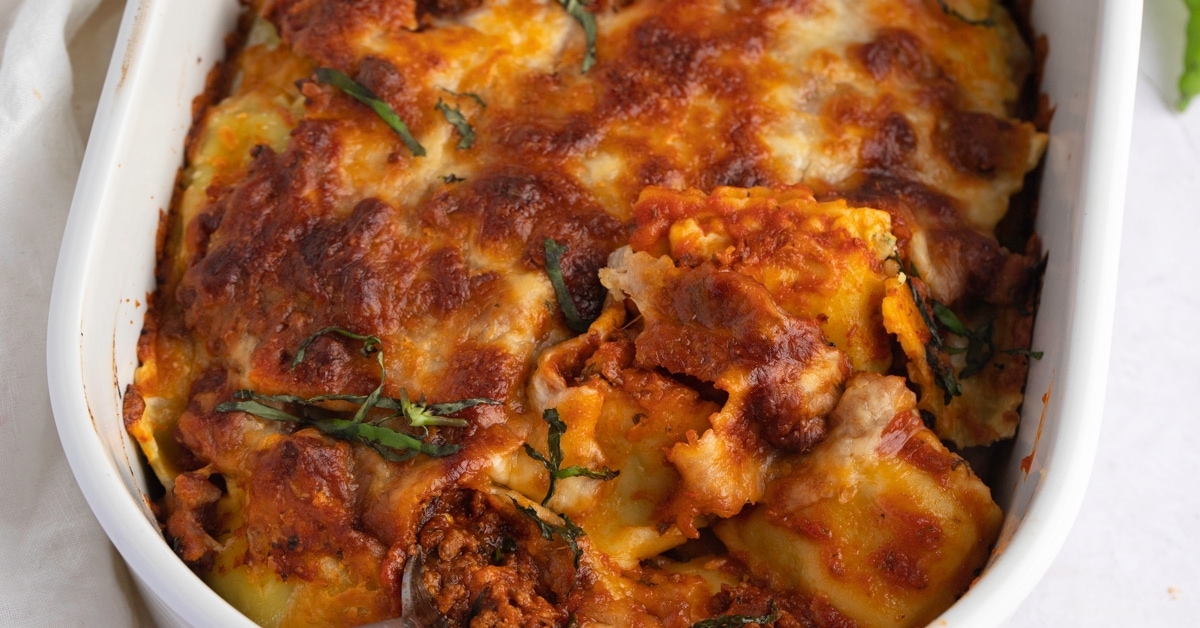 Cheesy Homemade Ravioli Lasagna with Ground Beef and Mozzarella