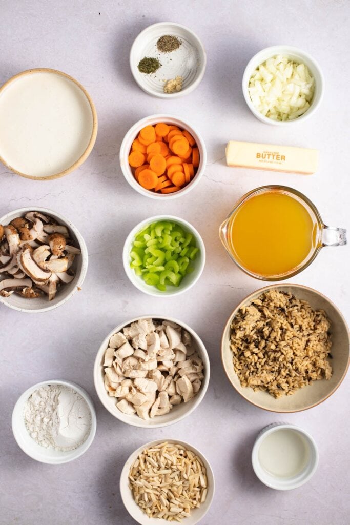Chicken and Wild Rice Soup Ingredients - Butter, Vegetables, Flour, Chicken Broth, Wild Rice, Spices, Slivered Almonds, Sherry, Half-and-Half