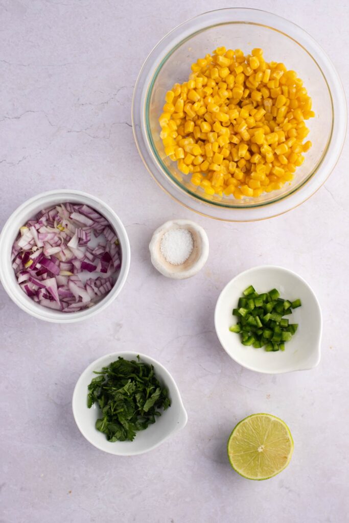 Chipotle Corn Salsa Ingredients - Corn Kernels, Kosher Salt, Red Onion, Jalapeno, Cilantro and Lime Juice