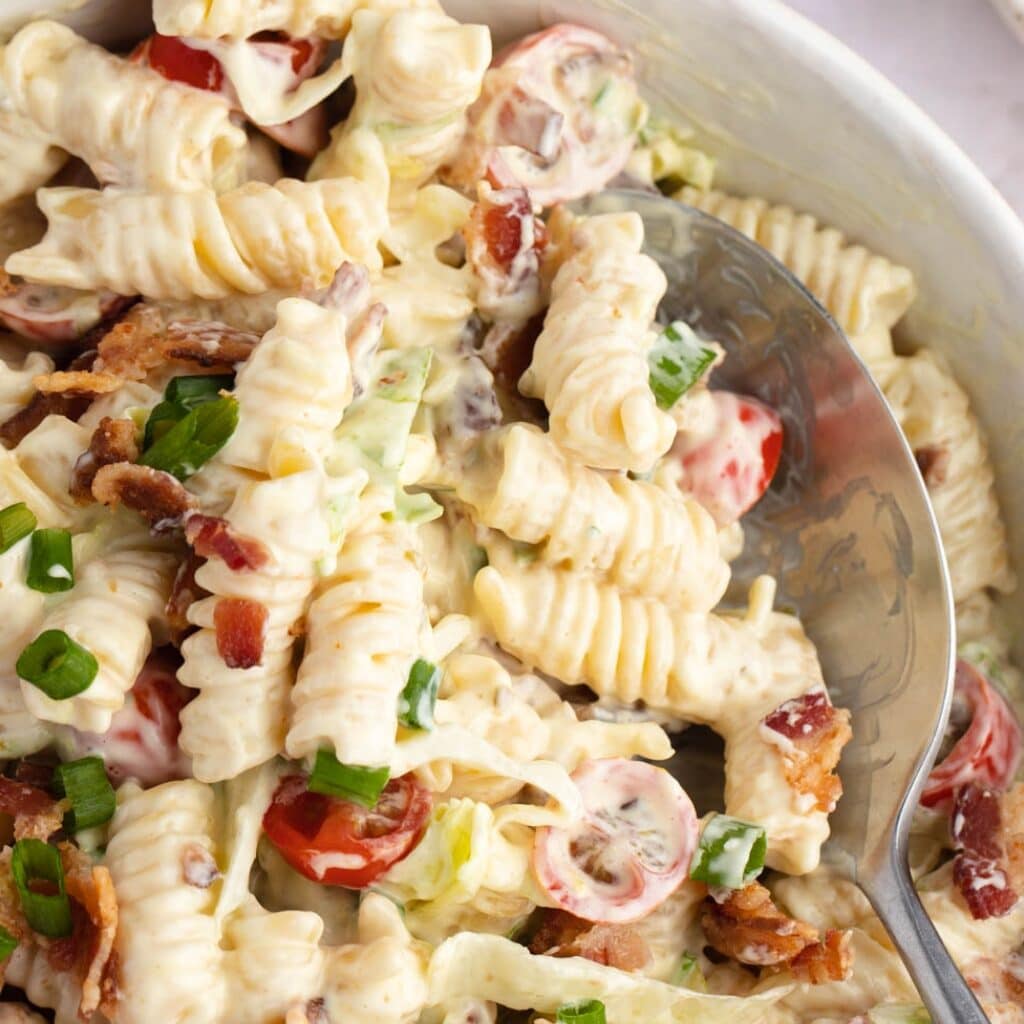 Creamy BLT Pasta Salad with Bacon, Scallions, Tomatoes and Lettuce