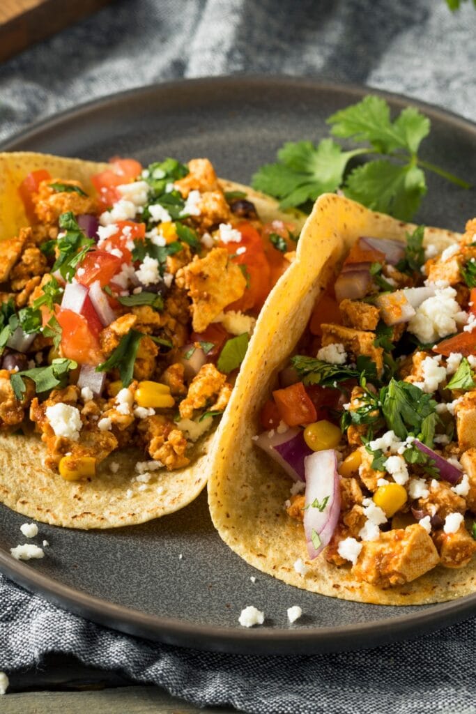 Healthy Sofritas Tofu Tacos with Onions, Corn and Tomatoes