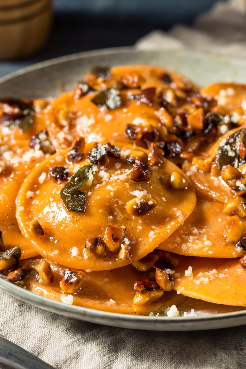 Butternut squash ravioli with sage and parmesan cheese.