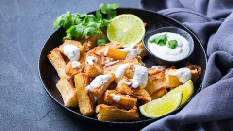 Homemade Fried Yucca with Lime and Cilantro Sauce