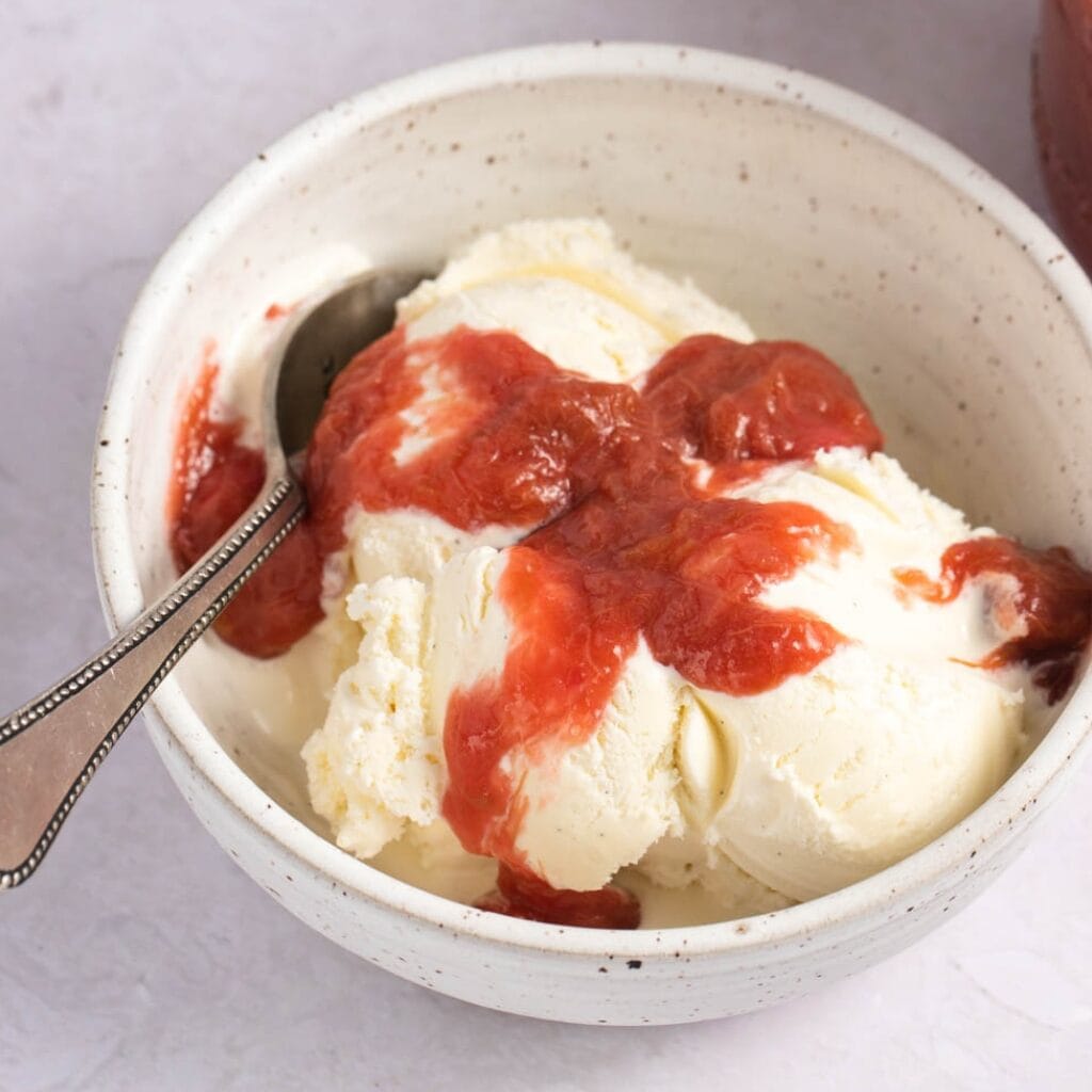 Homemade Ice Cream with Rhubarb Sauce in a Bowl