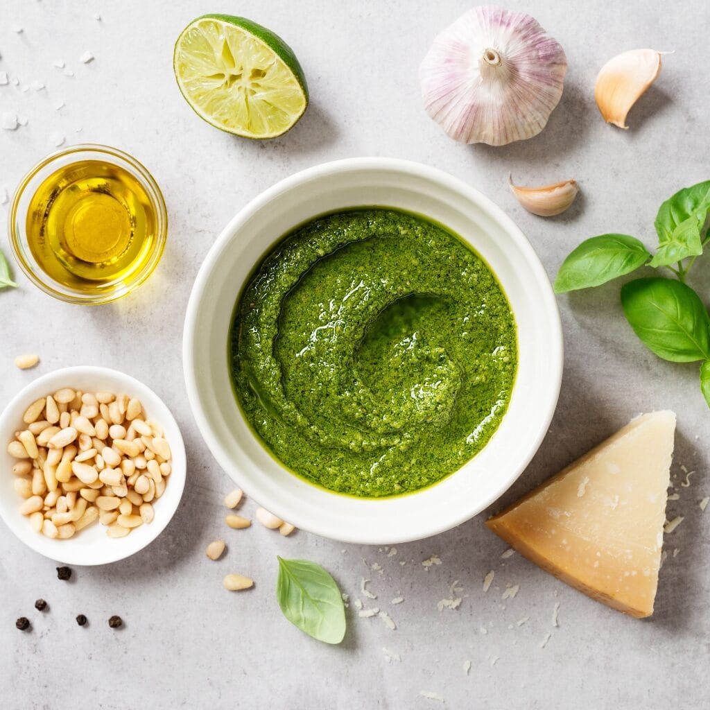 Homemade Pesto with Basil, Cheese, Nuts and Olive Oil