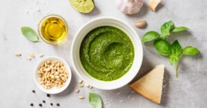 Homemade Pesto with Cheese, Basil, Garlic, Nuts, Lime and Olive Oil