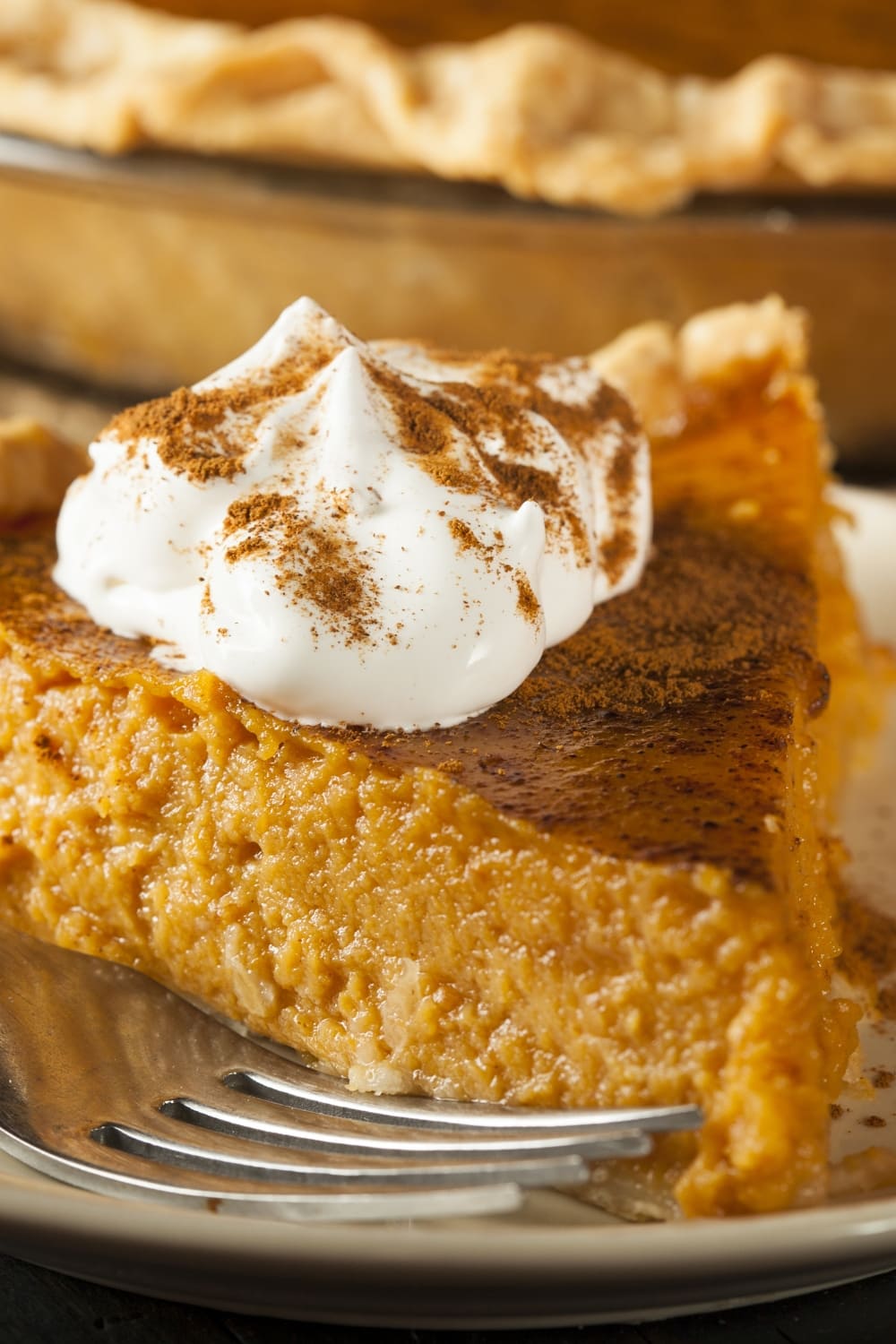 A Slice of Homemade Pumpkin Pie with Whipped Cream and Cinnamon Powder on Top Served on a Brown Plate