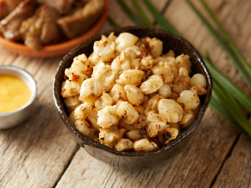 Hominy Kernels in a Coconut Bowl