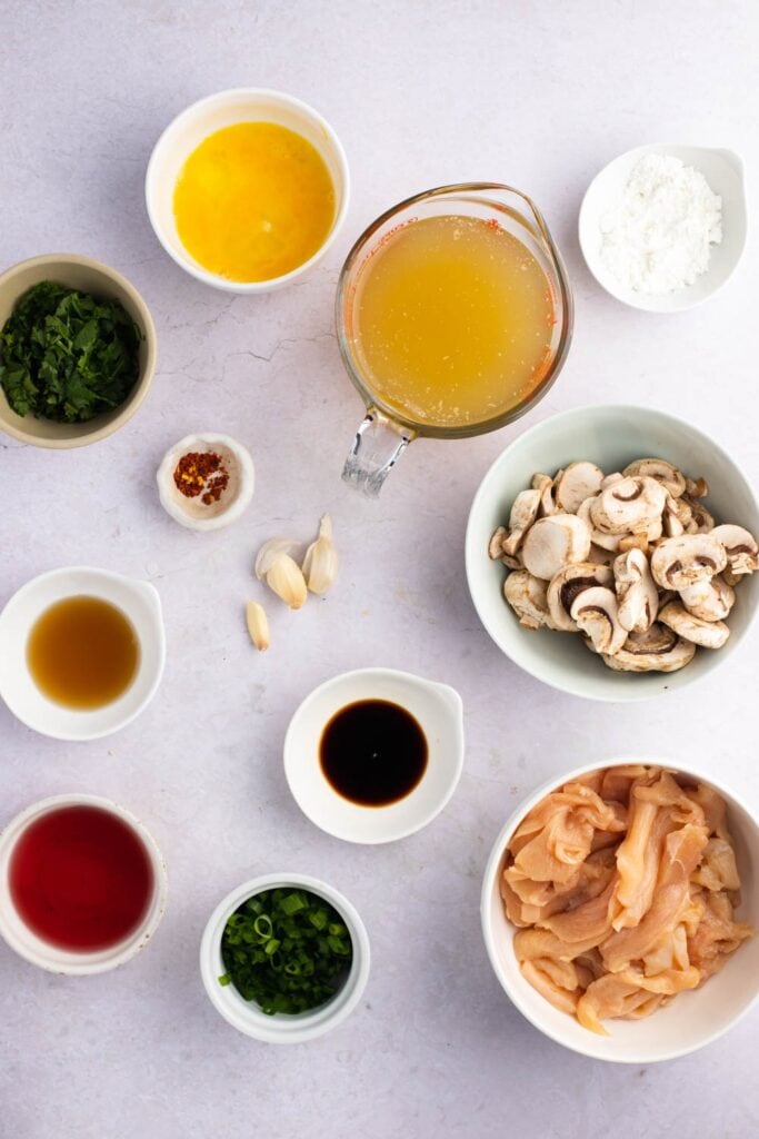 Hot and Sour Chicken Soup Ingredients - Chicken Broth, Veggies, Ginger, Garlic, Soy Sauce, Red Pepper Flakes, Chicken, Sesame Oil, Red Wine Vinegar, Cornstarch and Egg