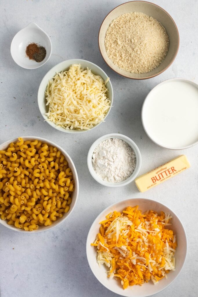 Ina Garten Mac and Cheese Ingredients - Pasta, Bechamel, Cheese, Seasoning and Toppings