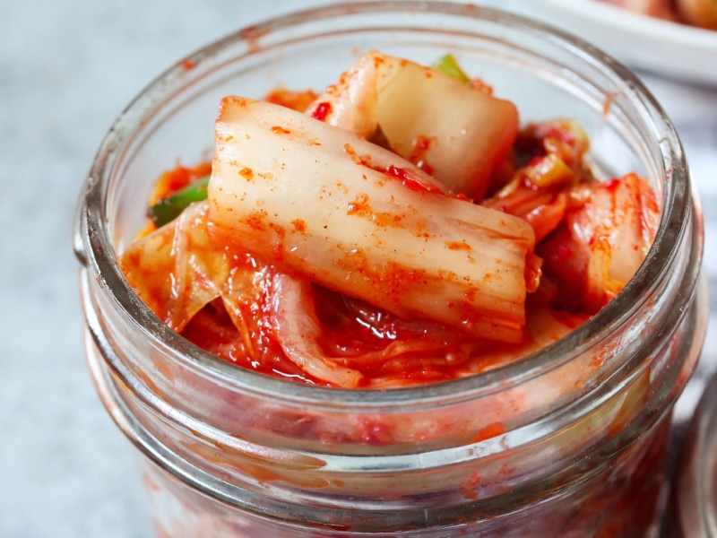 Kimchi Stored on a Clear Glass Jar