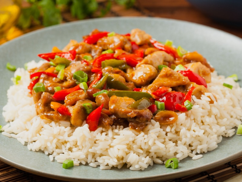 Kung Pao Chicken on a Plate with Rice