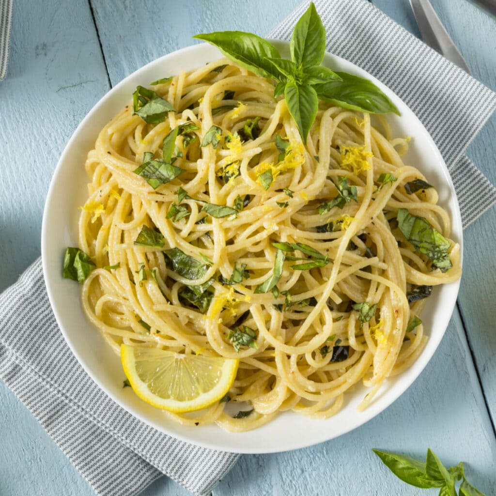 Lemon Spaghetti on Plate Top View